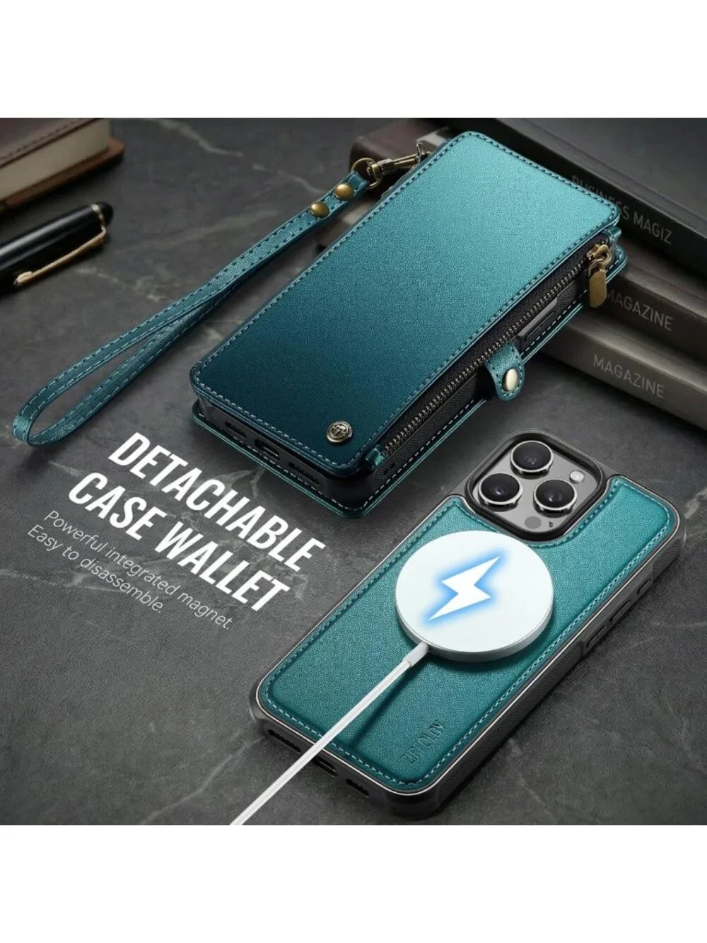 Turquoise Magnetic Detachable Wallet Phone Case for iPhone 14 Pro - Stylish